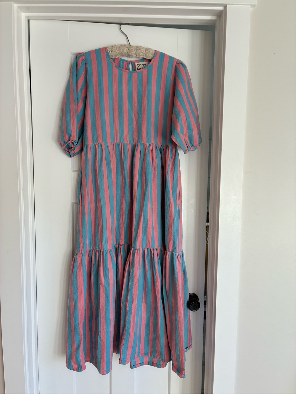SZ Blockprints Striped Pink & Teal maxi Tiered Dress puff sleeves cotton medium